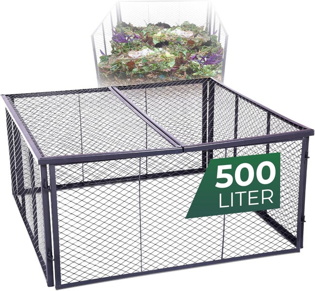 Drahtkomposter aus Metallgitter mit Deckel zur Kompostierung von Gartenabfällen.