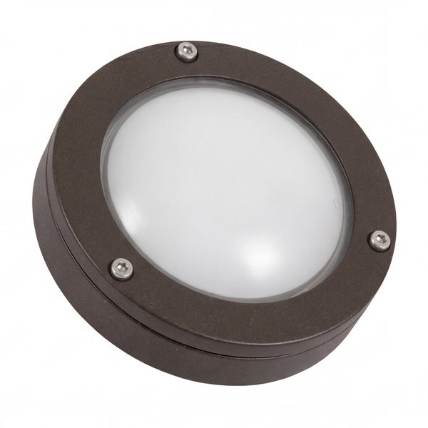 Runde Außenwand- und Deckenleuchte aus dunklem Metall mit opaler Glasabdeckung und drei sichtbaren Schrauben.