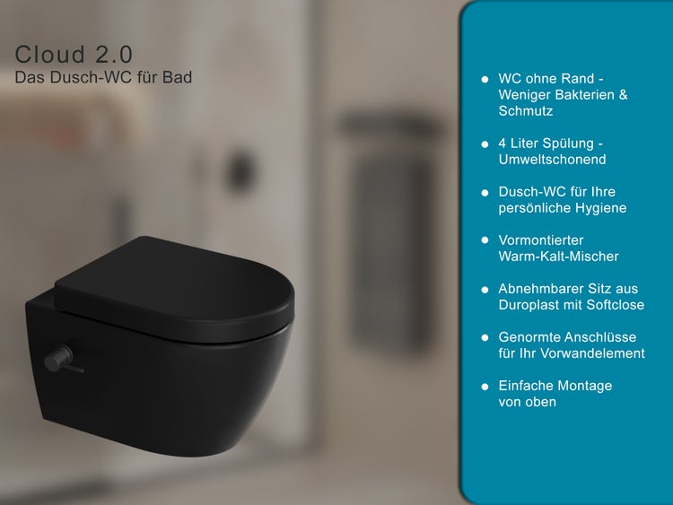 Aqua Bagno Taharet Dusch-WC S.9826.9913 – Spülrandlos – Bidetfunktion – Schwarz Matt