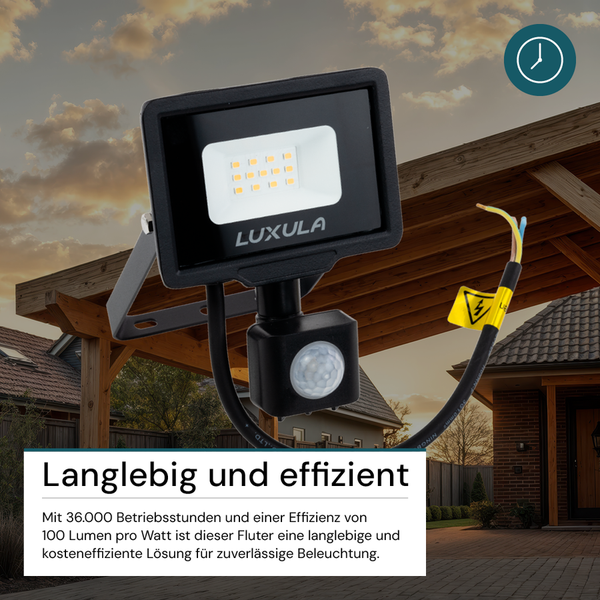 LUXULA LED Außenstrahler mit Bewegungsmelder 10W Strahler 4000K Neutralweiß 1000lm Fluter Schwarz IP65