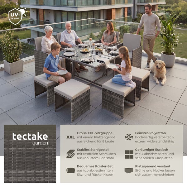 tectake garden Logo. Große Garten-Sitzgruppe aus Polyrattan für acht Personen mit Tisch, Sesseln, Hockern und UV-Schutz auf einer hellen Terrasse.