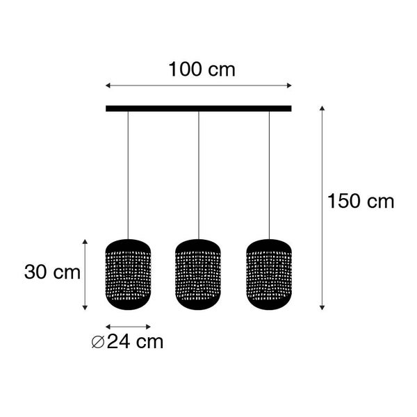 Abmessungen einer Pendelleuchte mit drei Lampen, 100 cm breit und 150 cm hoch, jede Lampe ist 30 cm hoch und hat einen Durchmesser von 24 cm