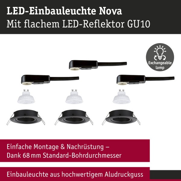 Dreier-Set LED-Einbauleuchten Nova mit flachen GU10 Reflektoren, Gehäuse aus Aludruckguss, 68 Millimeter Bohrdurchmesser, austauschbare Lampen.