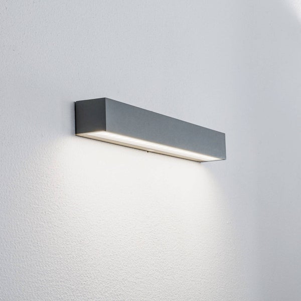 Rechteckige LED-Wandleuchte aus Metall in Anthrazit mit Lichtaustritt nach unten.