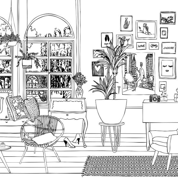 Illustration eines hellen Wohnzimmers mit Möbeln und Dekorationen