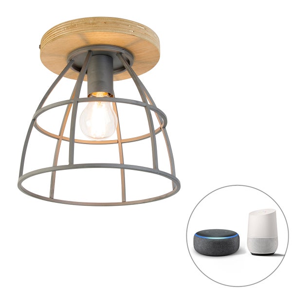Deckenleuchte mit Holzdetails und Metallkäfig inklusive Leuchtmittel sowie Sprachassistenten