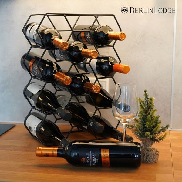BERLINLODGE Weinregal MOSEL für 14 Flaschen aus Metall Klein Schwarz 30x44x14cm Flaschenregal Stehend Weinflaschenhalter Schmal für Keller Küche Kabinett Speisekammer