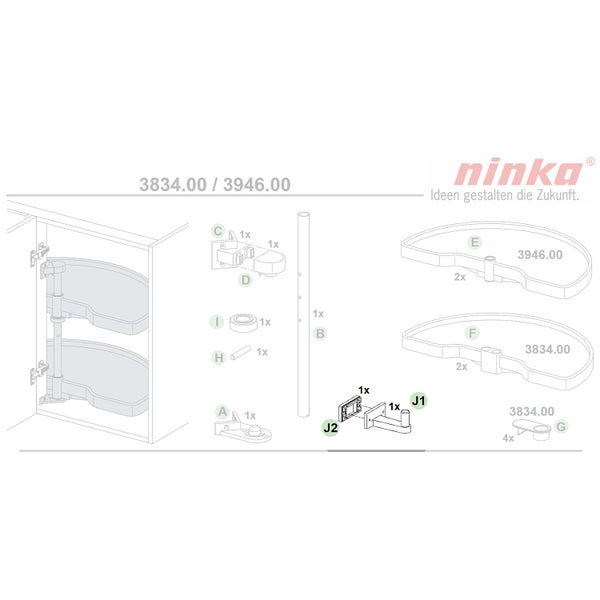 Montageanleitung für ein Ninka Eckschrank Drehregal System inklusive aller Einzelteile und Beschläge in der Übersicht.