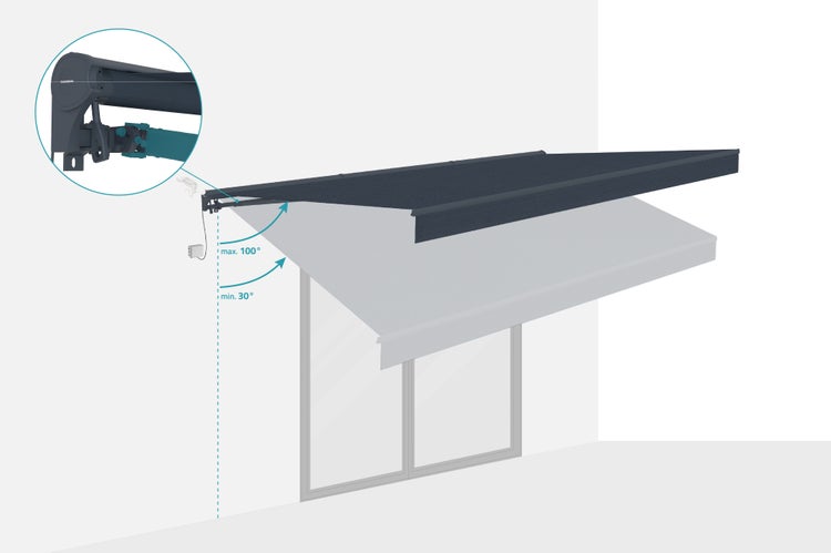 Markise über Fenster mit verstellbarem Neigungswinkel von minimum 30 Grad bis maximum 100 Grad, inklusive Detailansicht der Wandhalterung.