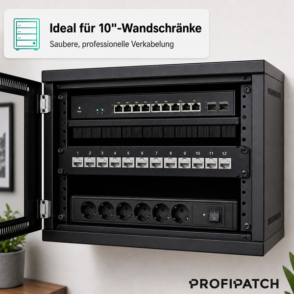 10 Zoll Netzwerk-Wandschrank mit Switch, Bürstenleiste, 12-Port Patchpanel und 6-fach Steckdosenleiste. Profipatch Logo.