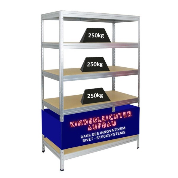 PROREGAL Schwerlastregal Rivet HxBxT 180 x 120 x 60 cm Fachlast 250 kg Innovatives Stecksystem Verzinkt