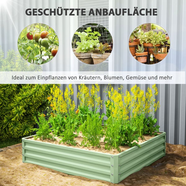 Outsunny Hochbeet, Blumenkasten, Gemüsebeet, Pflanzkasten, Kräuterbeet für Garten, Terrasse, Balkon, Stahl, Grün, 120 x 120 x 30 cm