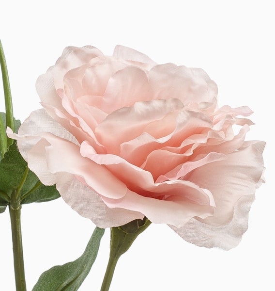 Künstliche Eustoma-Blüte in Knospenform mit grünem Stiel und hellrosa Blütenblättern.
