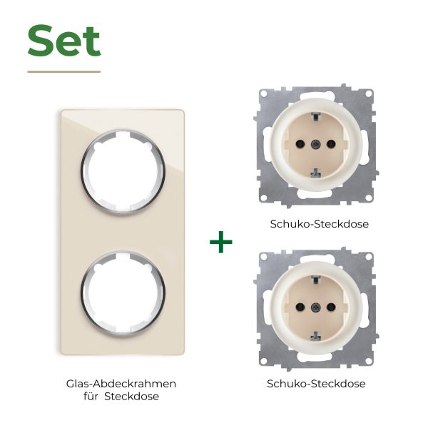 Set bestehend aus einem doppelten Glas Abdeckrahmen und zwei Schuko Steckdosen Einsätzen für Unterputz Installation