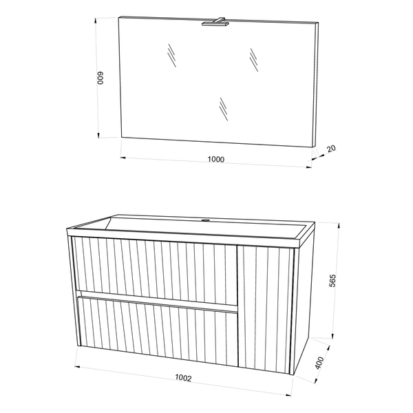 100cm Unterschrank mit Waschtisch und Spiegel 100x60 - geriffelt | Cortina