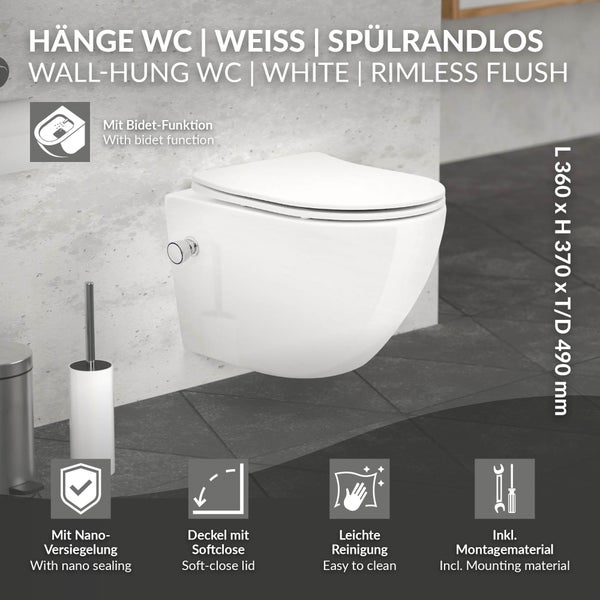 ECD Germany Spülrandloses Hänge WC kurz 49 cm Weiß mit Bidet-Funktion, Nano Beschichtung, Wand-WC Keramik, Toilette mit WC-Sitz abnehmbar Duroplast Softclose Absenkautomatik, Tiefspüler Lotus Effekt