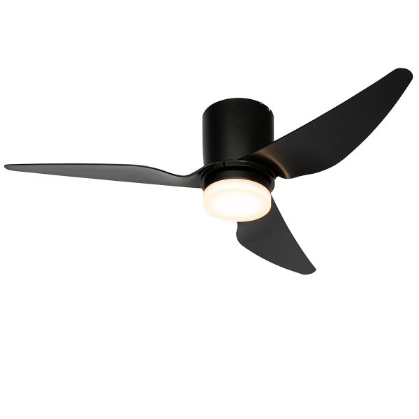 Deckenventilator mit integrierter Beleuchtung, drei schwarze Flügel, moderne Ausführung.
