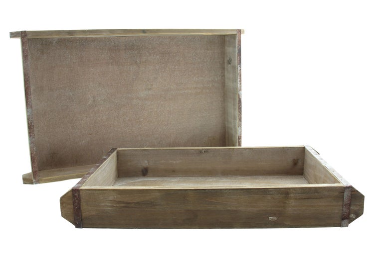 FRANK FLECHTWAREN | Holztablett Industrial, 2er Set, HOLZ, METALL, 42 x 25 x 6 cm, 50 x 30 x 6 cm