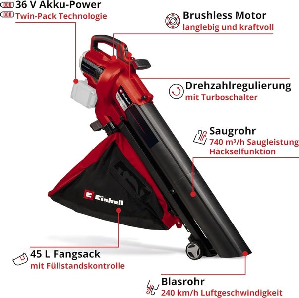 Einhell Akku-Laubsauger Venturro mit 36 Volt Twin-Pack Technologie, bürstenlosem Motor, Drehzahleinstellung, 45 Liter Fangsack und Blasrohr.
