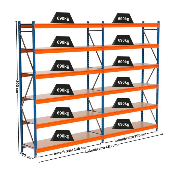 Industrieregal mit Regalböden und Gewichtsangabe