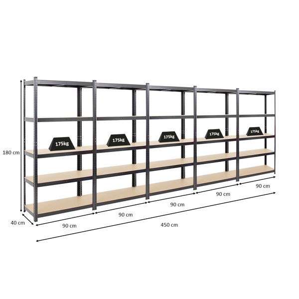 PROREGAL Mega Deal 5x Schwerlastregal Ragnar HxBxT 180 x 90 x 40 cm Fachlast 175 kg Schwarz
