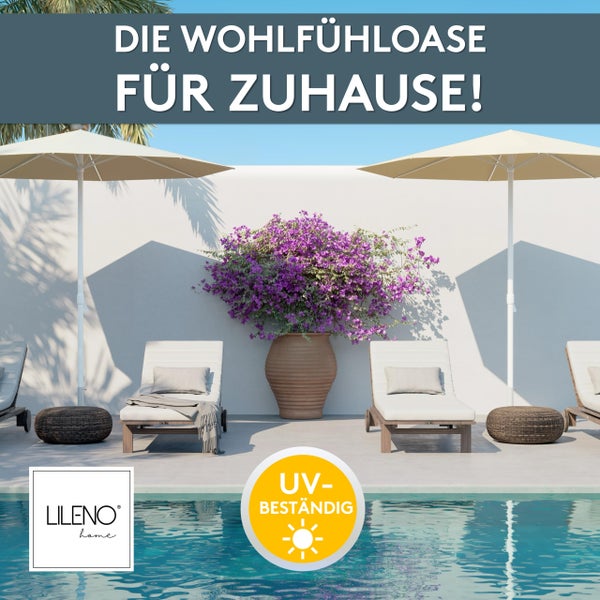 LILENO home Sonnenliegen am Pool mit Sonnenschirmen und UV-beständigen Kissen.