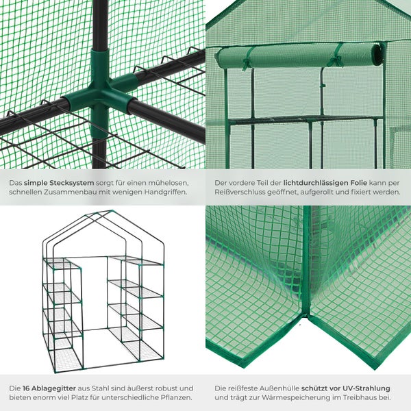 Foliengewächshaus mit 16 Gitterregalen aus Stahl, Stecksystem für Montage, aufrollbarer Reißverschlusstür und UV-beständiger, grüner Gitterfolie.