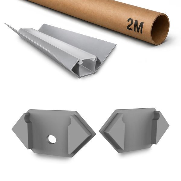 Eck Aluminiumprofil für LED Streifen mit zwei Endkappen und einer Transportrolle von zwei Metern Länge.