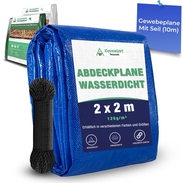 CoverUp! (2x2 m) Gewebeplane - Farbe: Blau, 120g/m² - Beständigkeit durch verstärkte Gummiecken & rostfreie Ösen - Abdeckplane mit UV-Schutz - Plane inkl. 10m Seil