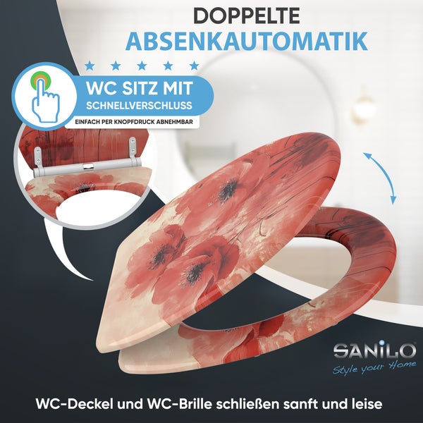Sanilo WC Sitz mit Mohnblumen Motiv, Absenkautomatik und Schnellverschluss zur einfachen Reinigung, stabile Ausführung.