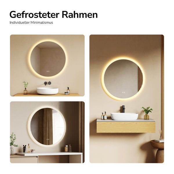 Runder LED-Badspiegel mit gefrostetem Rahmen in drei modernen Badezimmer-Szenen mit Waschbecken und Holz-Waschtischen.