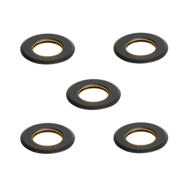 Set mit 5 runden schwarzen LED-Einbaustrahlern für den Außenbereich.