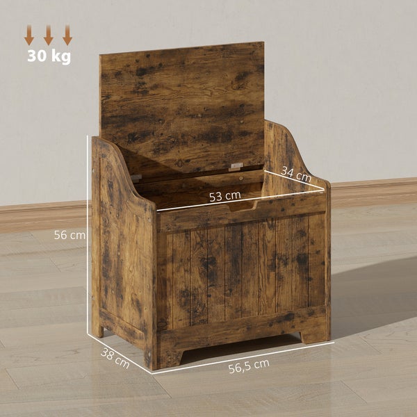 Rustikale Aufbewahrungstruhe aus Holz mit Klappdeckel, belastbar bis 30 Kilogramm, Maße 56,5 mal 38 mal 56 Zentimeter.
