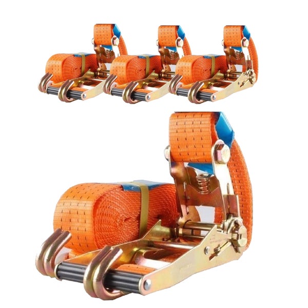 Set mit drei Spanngurten mit Ratsche und Haken zur Ladungssicherung.