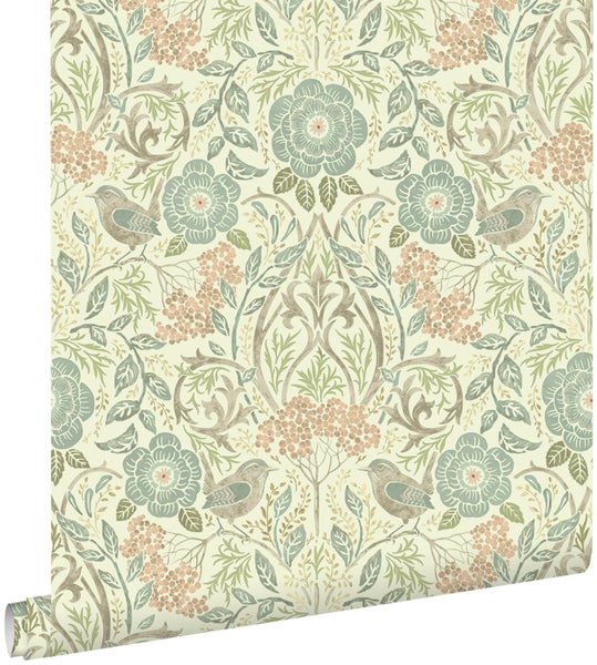 ESTAhome Tapete Blumen und Vögel im Jugendstil Graublau, Braun und Altrosa - 0,53 x 10,05 m - 139323