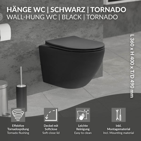 LuxeBath Wand WC Spülrandlos Schwarz matt kurz 49cm, Tornadospülung, Tiefspüler Keramik Hänge WC, Toilette ohne Spülrand, Softclose-Klodeckel abnehmbar, Kloschüssel Hängend mit WC-Sitz Absenkautomatik