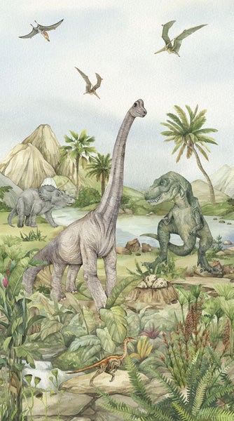 Illustration einer Dinosaurierszene mit verschiedenen Dinosaurierarten in einer prähistorischen Landschaft