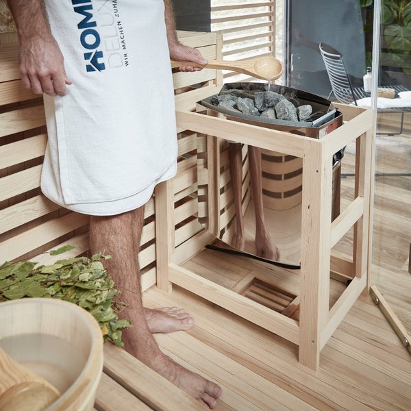 Home Deluxe - Traditionelle Sauna - Skyline XL Big Kunststeinwand - 200 x 200 x 210 cm, für 2-6 Personen, Hemlocktanne, inkl. Saunazubehör I Dampfsauna Aufgusssauna Finnische Sauna Bio Sauna