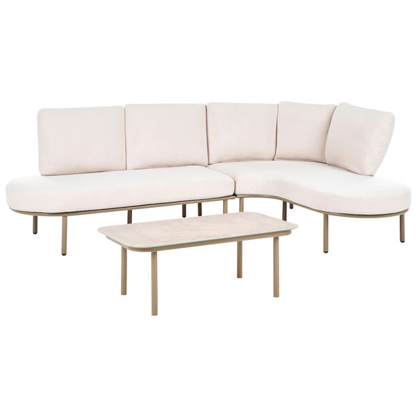 Modernes Lounge-Set bestehend aus einem Ecksofa mit Polstern und einem passenden Couchtisch mit Metallgestell.