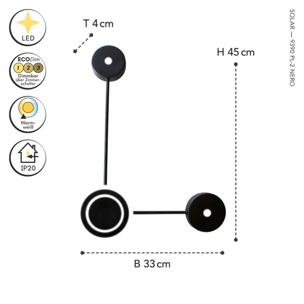 Moderne schwarze LED-Wandleuchte, über Schalter dimmbar, warmweißes Licht, IP20, Höhe 45 Zentimeter, Breite 33 Zentimeter, Tiefe 4 Zentimeter.