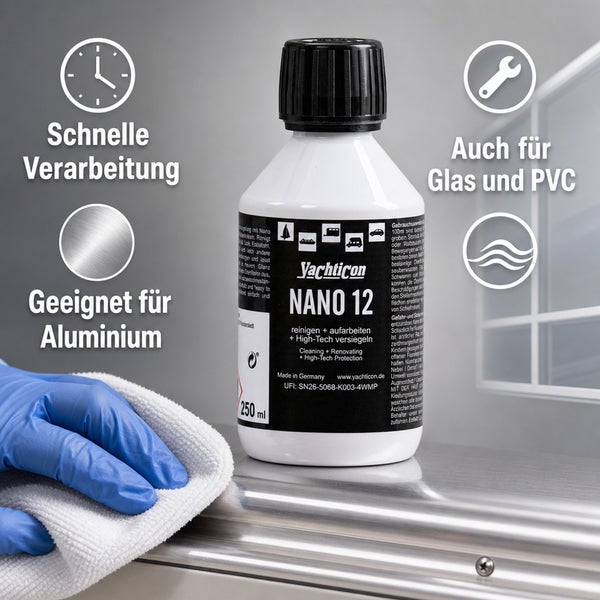Yachticon Nano 12 Reinigungs und Versiegelungsmittel in 250 Milliliter Flasche zur Pflege von Oberflächen aus Aluminium, Glas und Kunststoff.