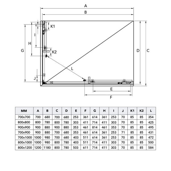 Technische Zeichnung einer Duschkabine mit Maßangaben und Maßtabelle