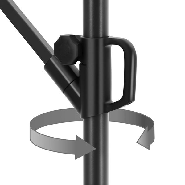 Nahaufnahme des Drehmechanismus für einen Sonnenschirmstock mit Handgriff und Feststellknauf.