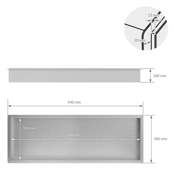 Technische Zeichnung einer Wandnische aus Edelstahl mit den Maßen 900 mal 300 Millimeter und einer Tiefe von 100 Millimetern.