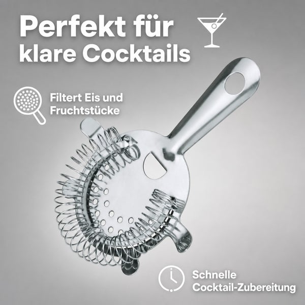 Cocktailsieb aus Edelstahl mit Feder zum Filtern von Eis und Fruchtstücken bei der Getränkezubereitung.