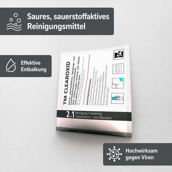 TM Clearoxid Reinigungsmittel für die Entkalkung und Desinfektion in Portionsbeutelform als saure sauerstoffaktive Lösung für hygienische Sauberkeit