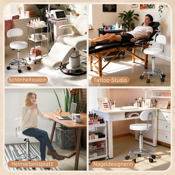 Vier Anwendungsbeispiele für einen höhenverstellbaren Drehhocker mit Rückenlehne und Rollen in Kosmetik-, Tattoo-, Nagelstudio und Homeoffice.