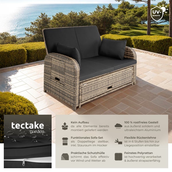 Rattan Sofa tectake Kreta mit Stauraum und Schutzhülle mit Aluminiumgestell natur