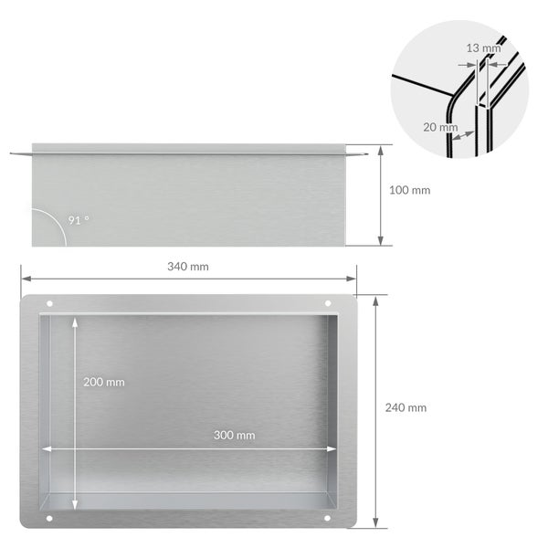 Edelstahl-Wandeinbaunische mit Maßen: 340 mal 240 Millimeter außen, 300 mal 200 Millimeter innen, Tiefe 100 Millimeter.
