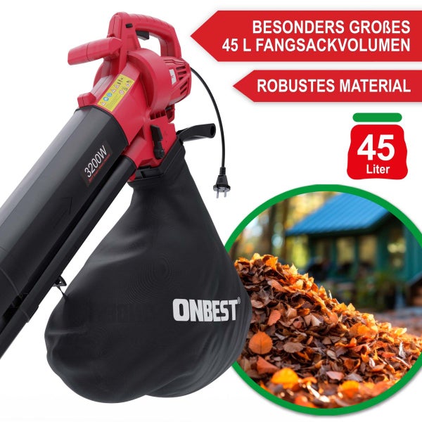 Elektro-Laubsauger und Laubbläser von ONBEST mit 45 Liter Fangsack aus robustem Material und 3200 Watt Leistung für Gartenlaub.